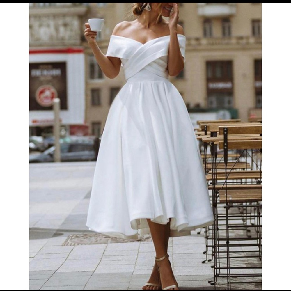 Off the shoulder plus size wedding dress midi length